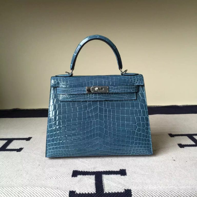 Hermes Crocodile Shiny Leather Kelly Bag  18cm in 1P Duck Blue