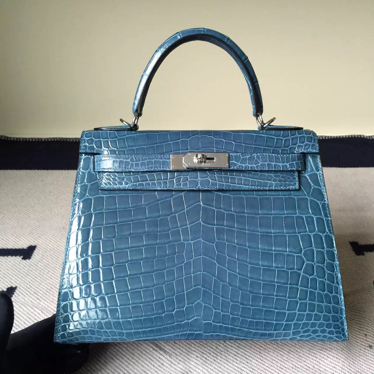 Wholesale Hermes Crocodile Shiny Leather Kelly Bag 18cm in 1P Duck Blue