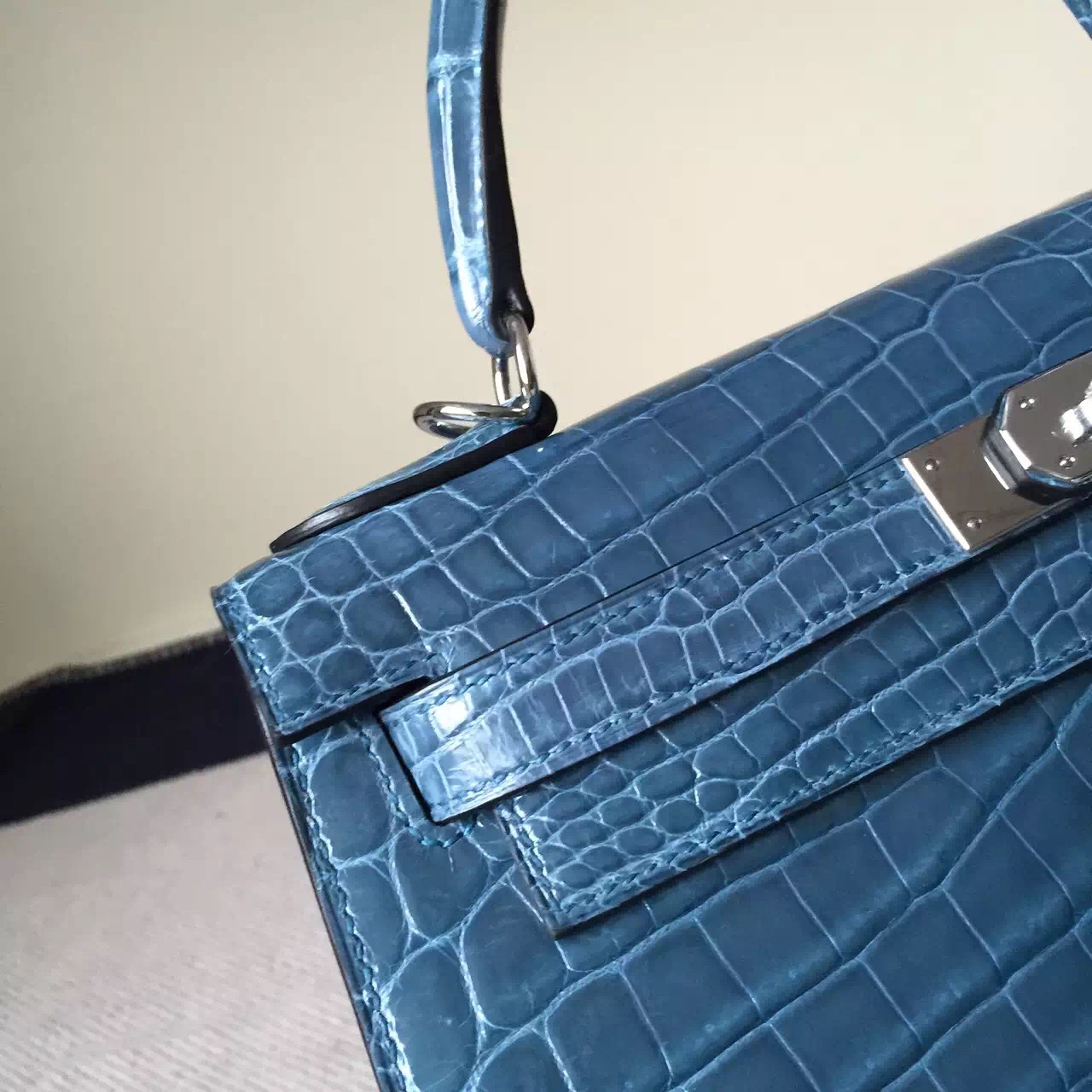 Wholesale Hermes Crocodile Shiny Leather Kelly Bag 18cm in 1P Duck Blue