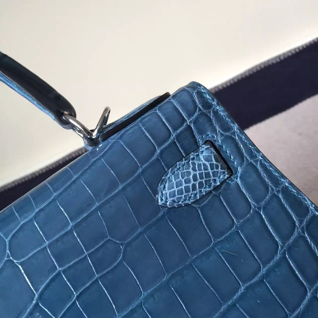 Wholesale Hermes Crocodile Shiny Leather Kelly Bag 18cm in 1P Duck Blue