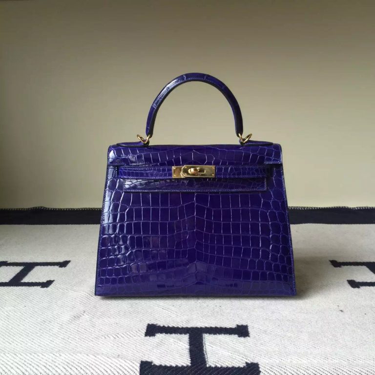 Hermes 7T Blue Electric Crocodile Shiny Leather Kelly Bag 28cm