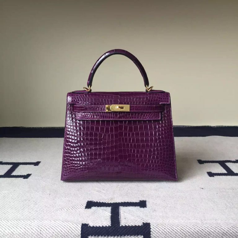 Womens Bag Hermes Grape Purple Crocodile Leather Kelly Bag 28cm