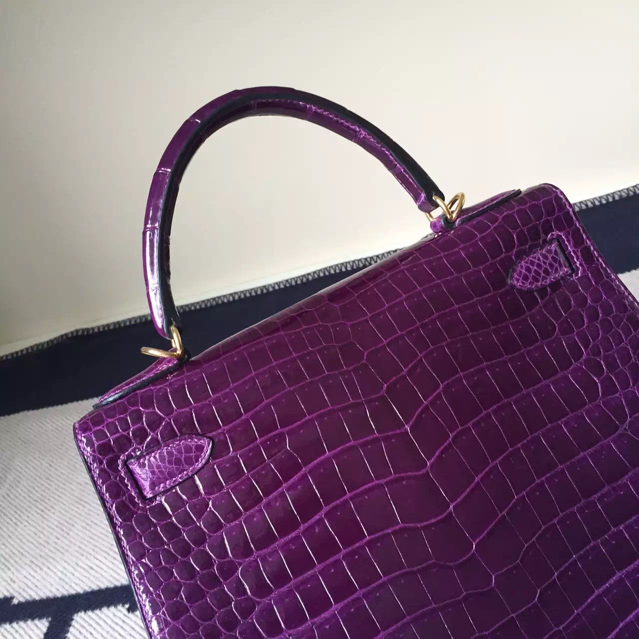 New Women&#8217;s Bag Hermes Grape Purple Crocodile Leather Kelly Bag28cm
