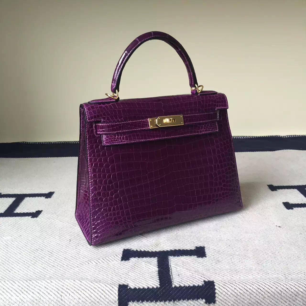 New Women&#8217;s Bag Hermes Grape Purple Crocodile Leather Kelly Bag28cm