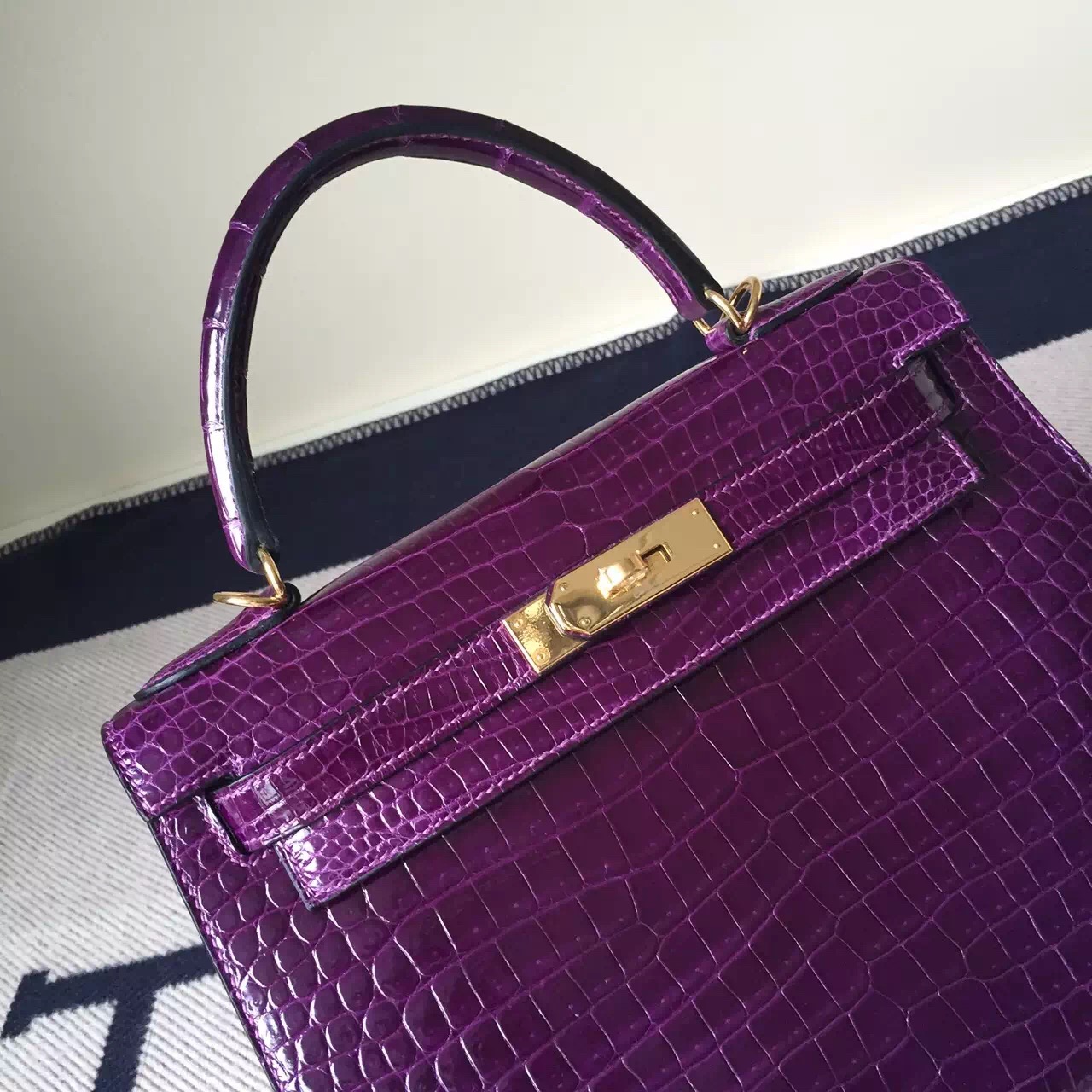 New Women&#8217;s Bag Hermes Grape Purple Crocodile Leather Kelly Bag28cm