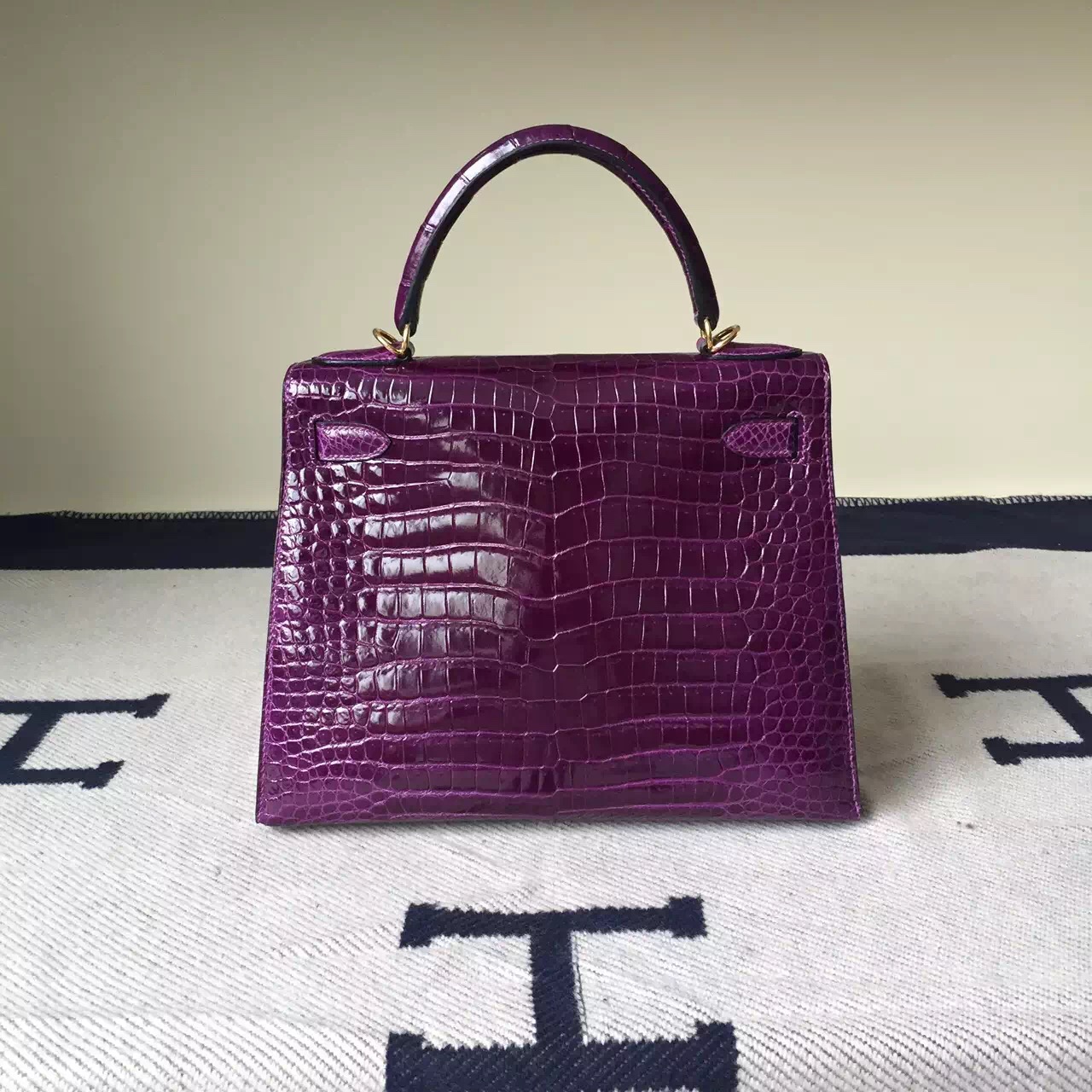 New Women&#8217;s Bag Hermes Grape Purple Crocodile Leather Kelly Bag28cm