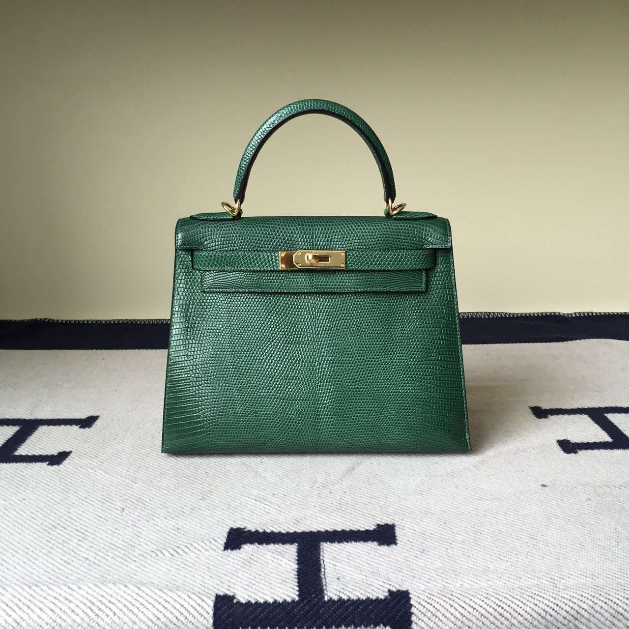 Fashion Hermes Bag Lizard Skin Leather Sellier Kelly28cm in CK67 Emerald Green