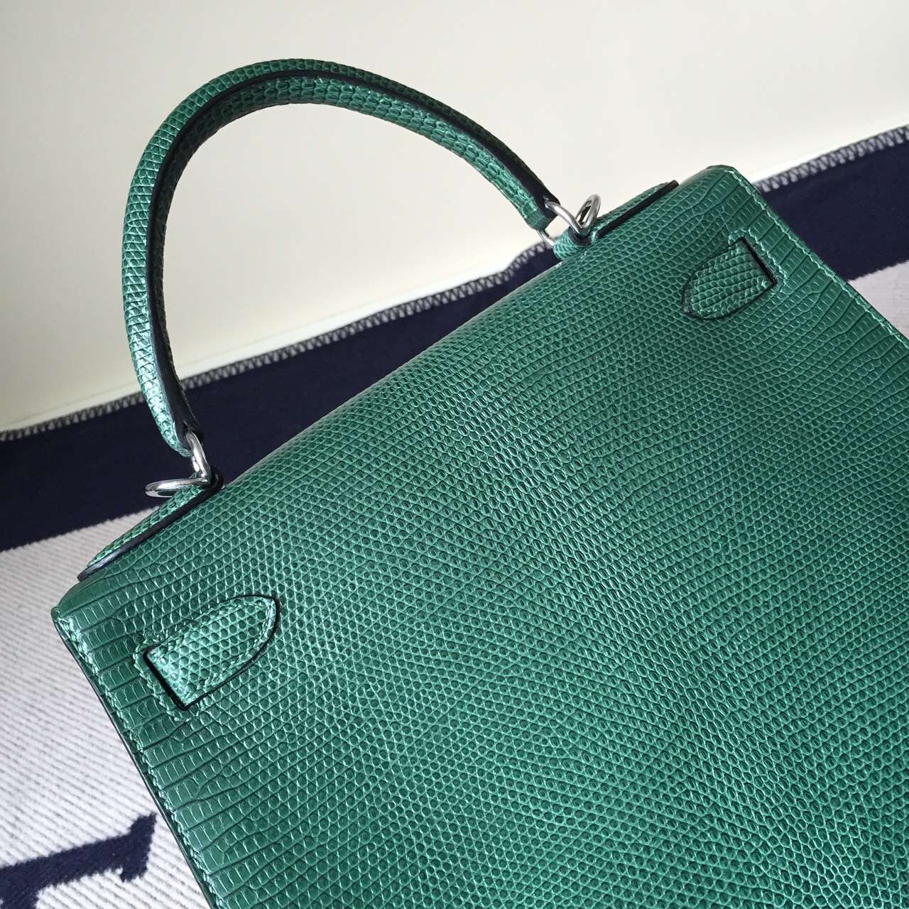 Fashion Hermes Bag Lizard Skin Leather Sellier Kelly28cm in CK67 Emerald Green