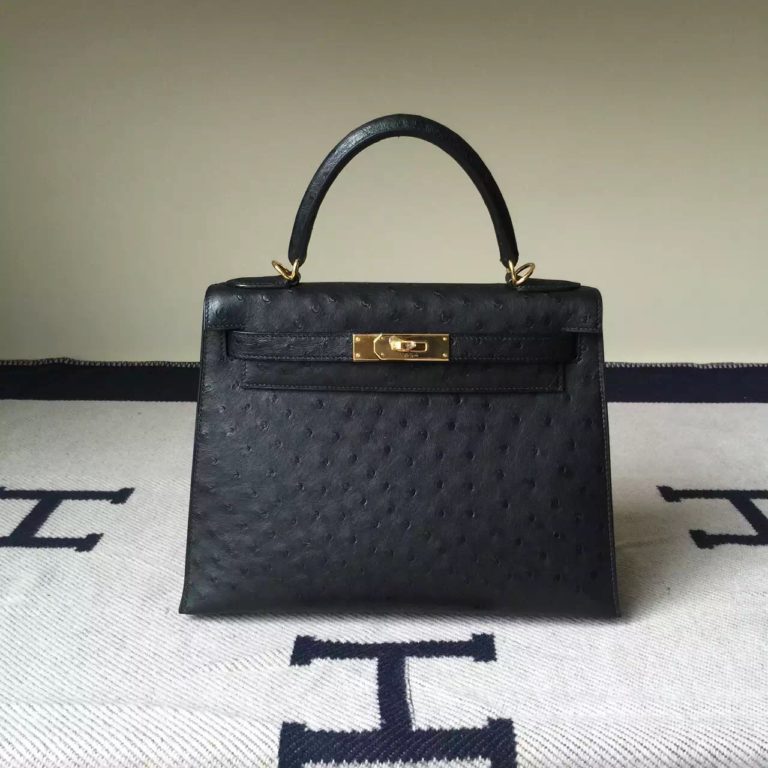 Hermes CK89 Black Ostrich Leather Kelly Bag 28CM