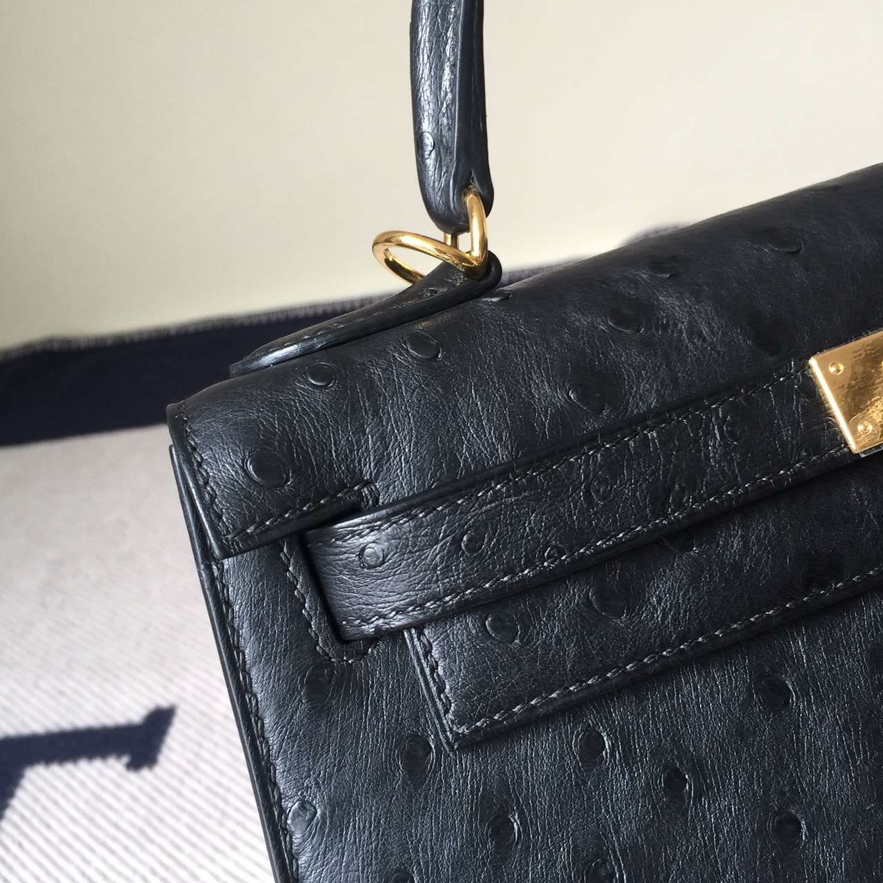 New Fashion Hermes CK89 Black Ostrich Leather Kelly Bag28CM