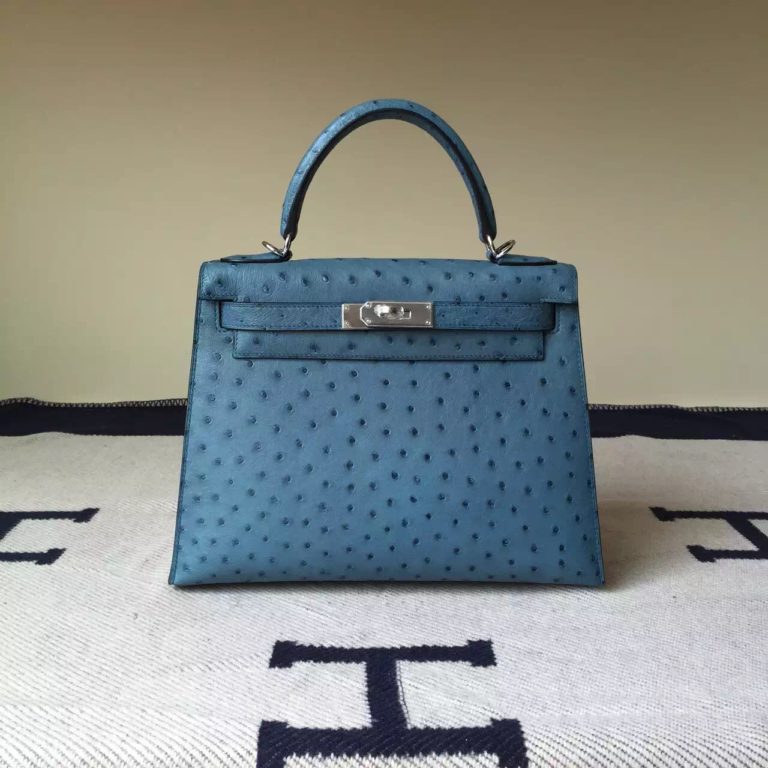 Hermes Blue Jean Ostrich Leather Sellier Kelly Bag 28cm