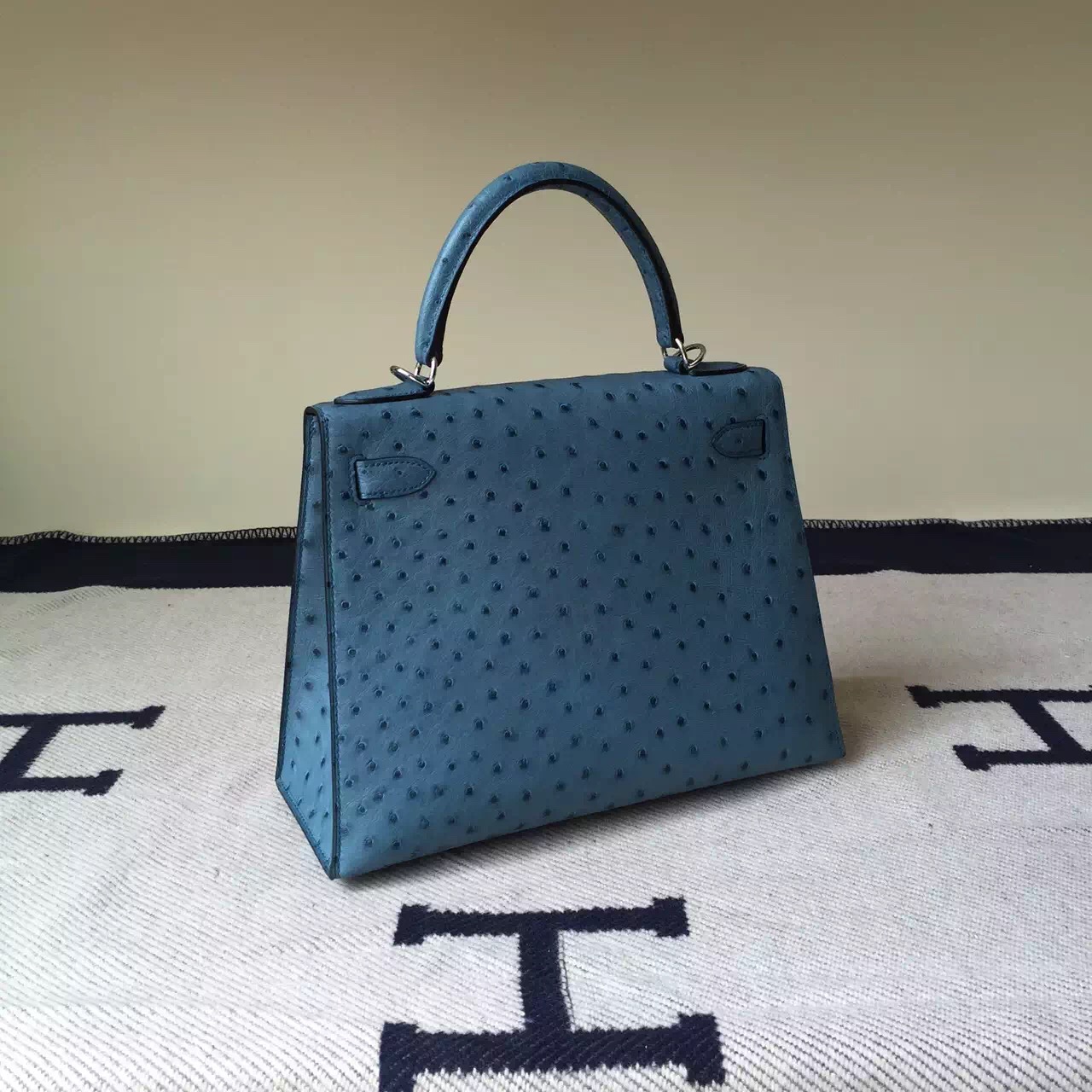 Hot Sale Hermes Blue Jean Ostrich Leather Sellier Kelly Bag28cm