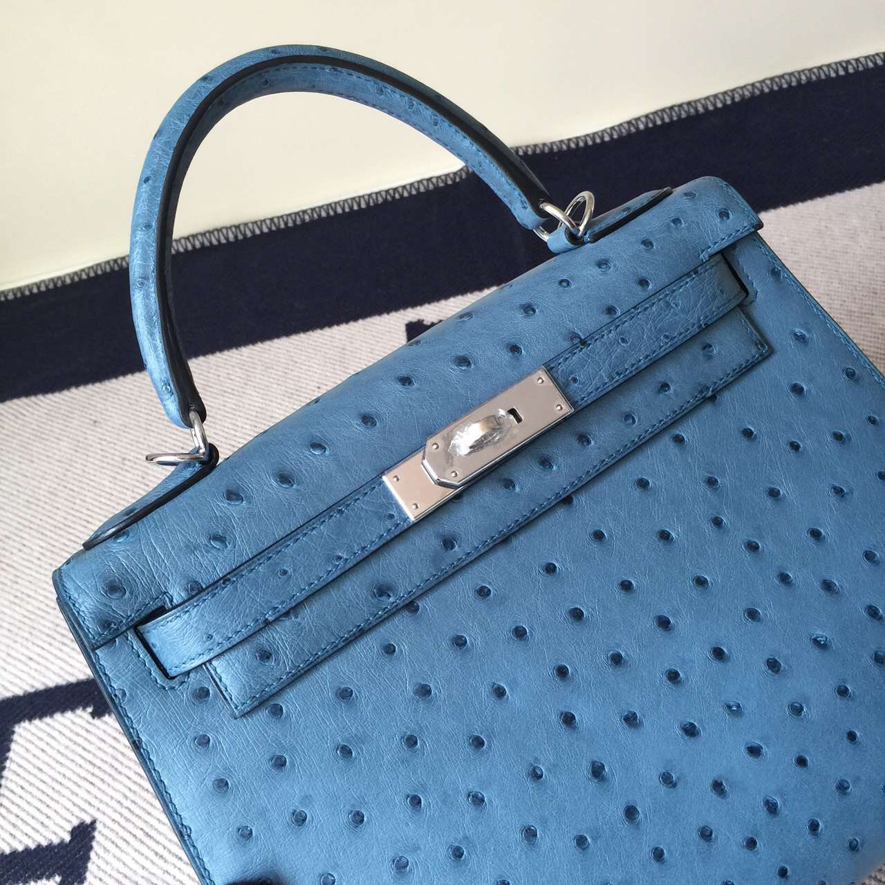 Hot Sale Hermes Blue Jean Ostrich Leather Sellier Kelly Bag28cm
