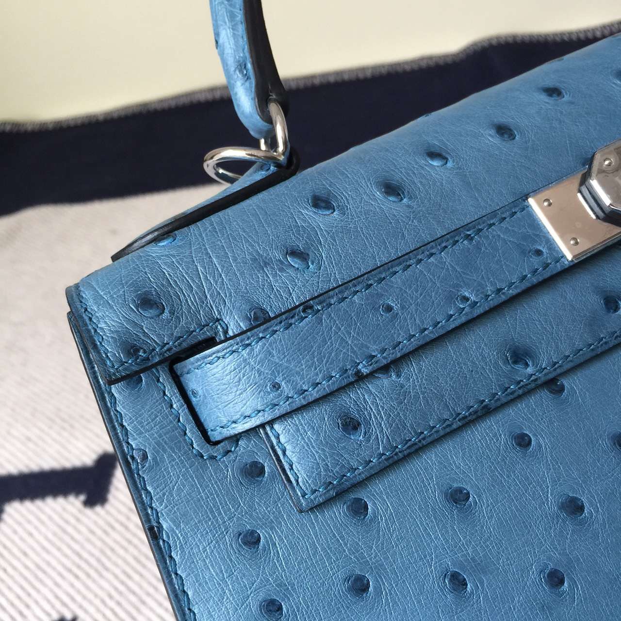 Hot Sale Hermes Blue Jean Ostrich Leather Sellier Kelly Bag28cm