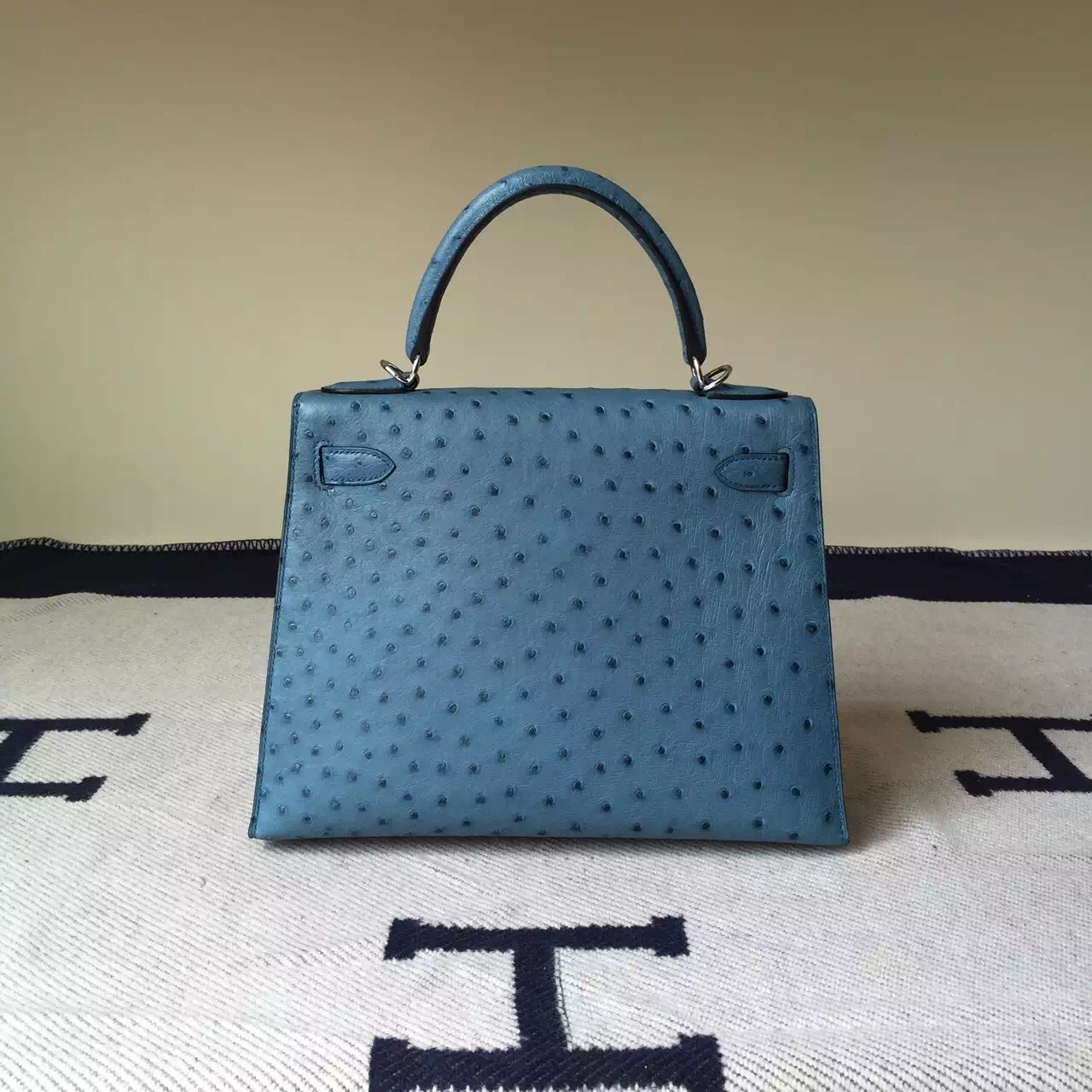 Hot Sale Hermes Blue Jean Ostrich Leather Sellier Kelly Bag28cm