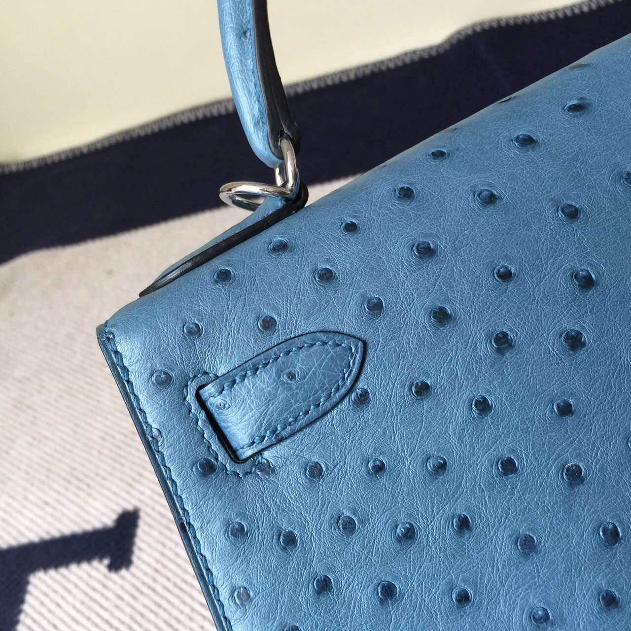Hot Sale Hermes Blue Jean Ostrich Leather Sellier Kelly Bag28cm