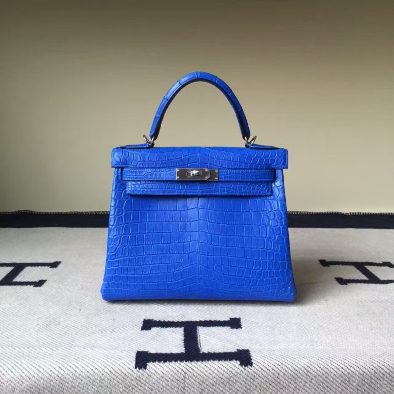 On Hermes 7T Blue Electric Crocodile Matt Leather Retourne Kelly Bag 28CM