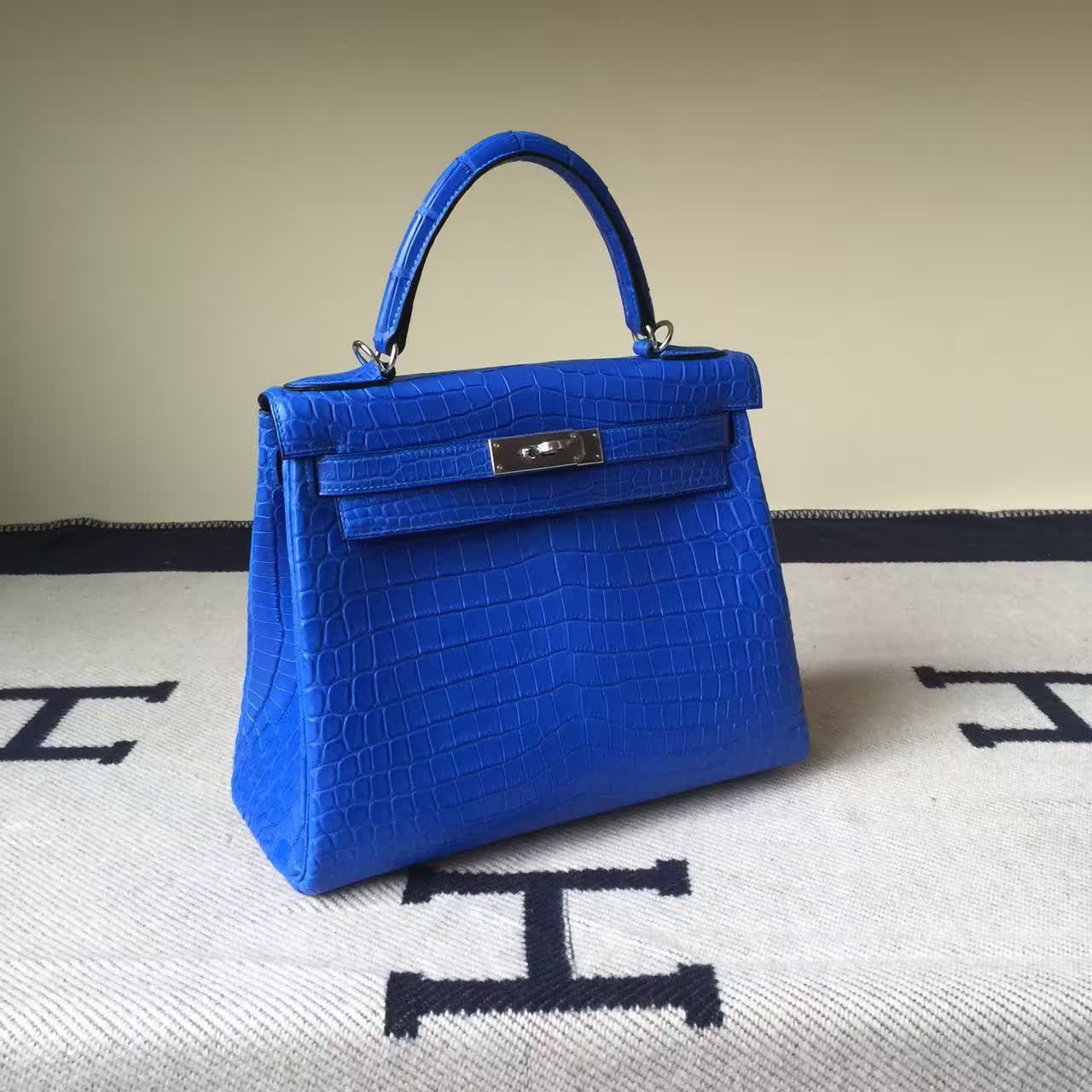 On Sale Hermes 7T Blue Electric Crocodile Matt Leather Retourne Kelly Bag28CM