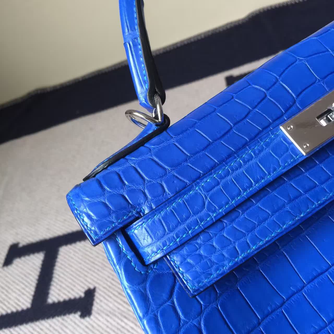 On Sale Hermes 7T Blue Electric Crocodile Matt Leather Retourne Kelly Bag28CM