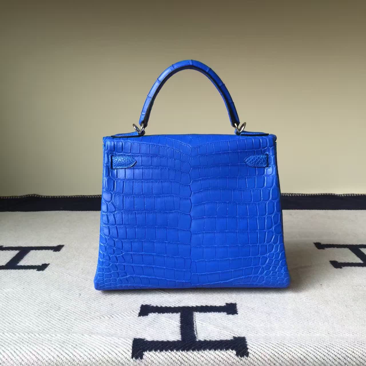 On Sale Hermes 7T Blue Electric Crocodile Matt Leather Retourne Kelly Bag28CM