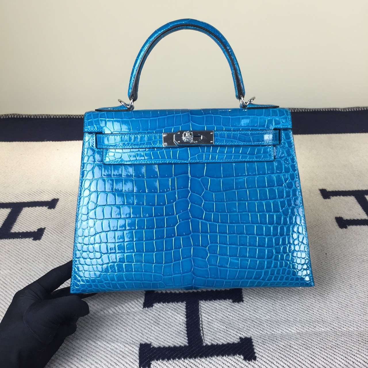 Wholesale Hermes Sellier Kelly Bag28CM 7W Blue Izmir Crocodile Shiny Leather