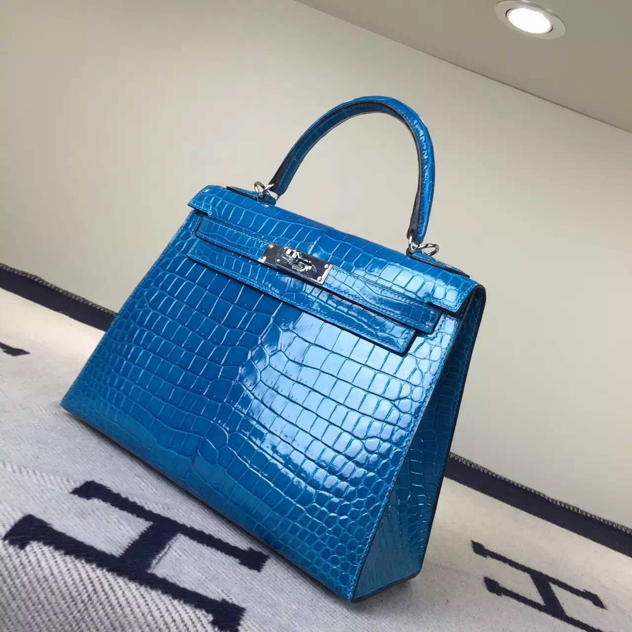 Wholesale Hermes Sellier Kelly Bag28CM 7W Blue Izmir Crocodile Shiny Leather