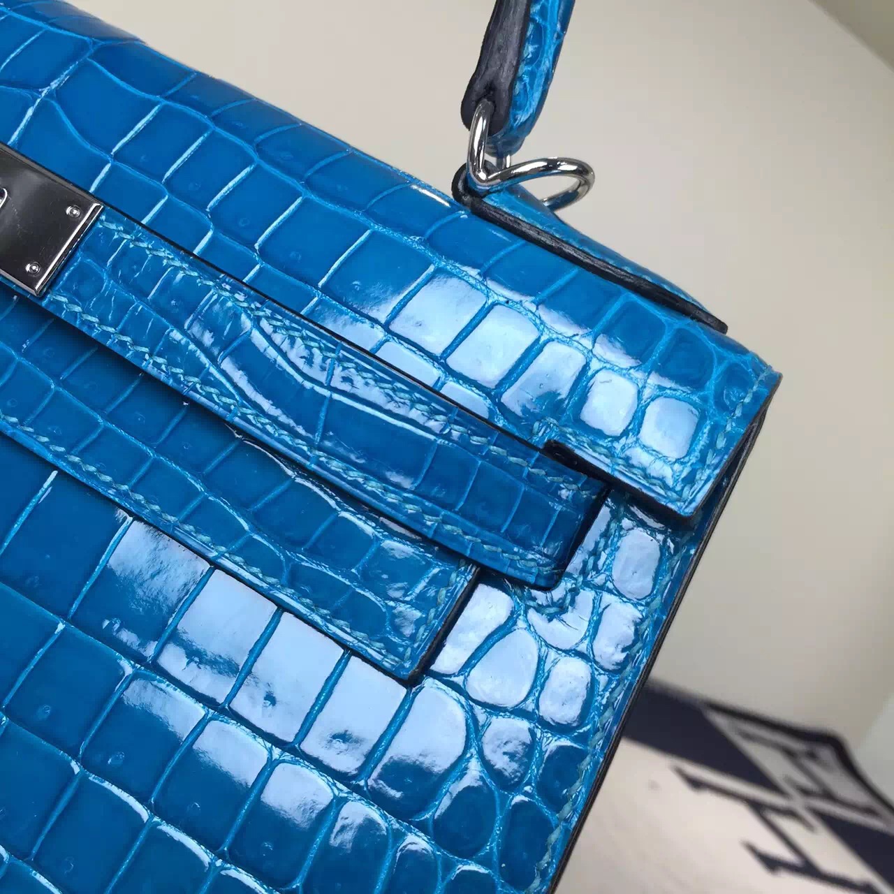Wholesale Hermes Sellier Kelly Bag28CM 7W Blue Izmir Crocodile Shiny Leather
