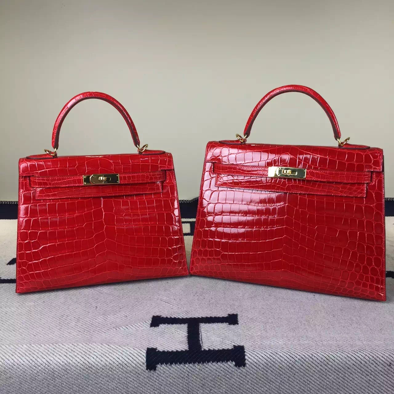 Fashion Hermes Ferrari Red Crocodile Shiny Leather Sellier Kelly Bag28CM