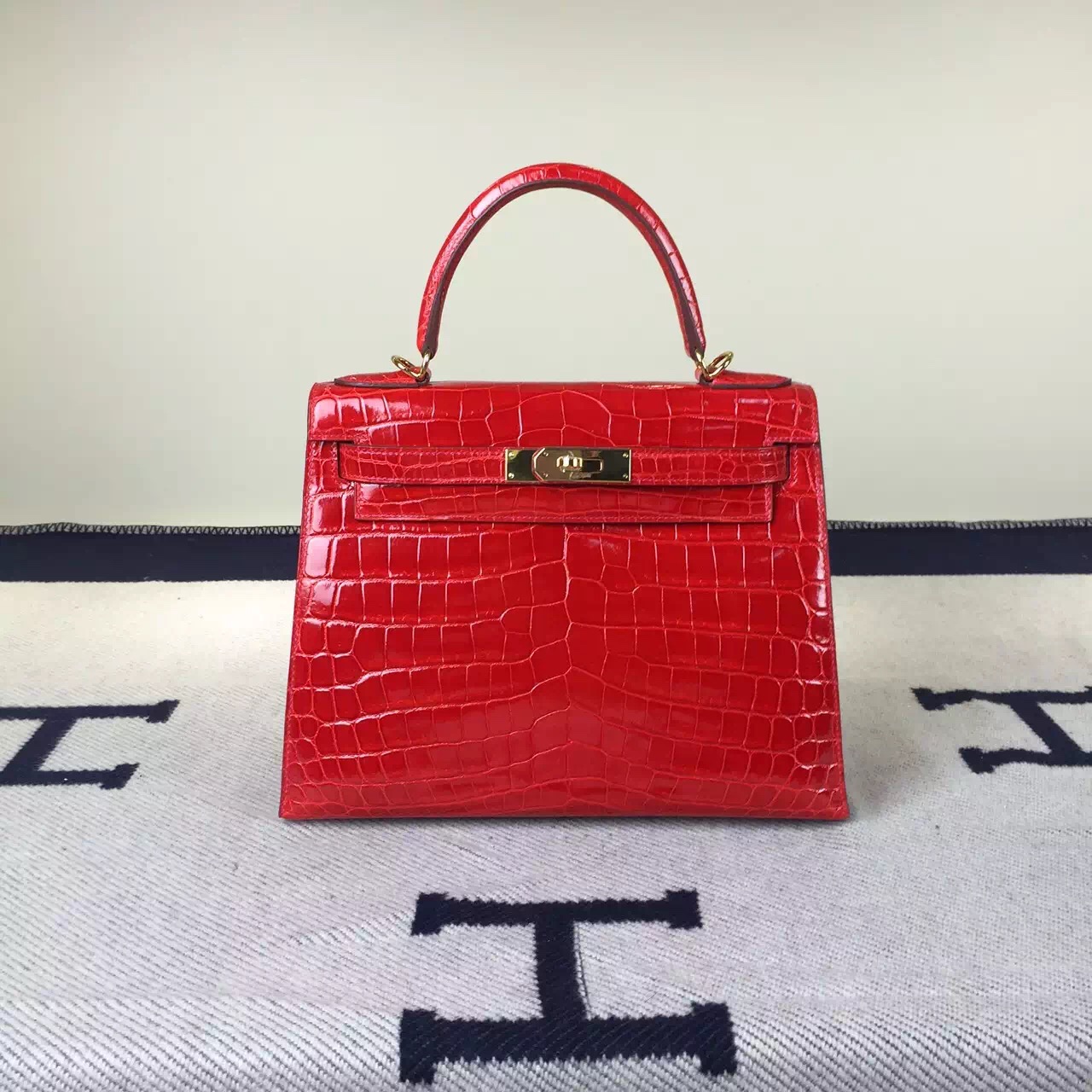 Fashion Hermes Ferrari Red Crocodile Shiny Leather Sellier Kelly Bag28CM