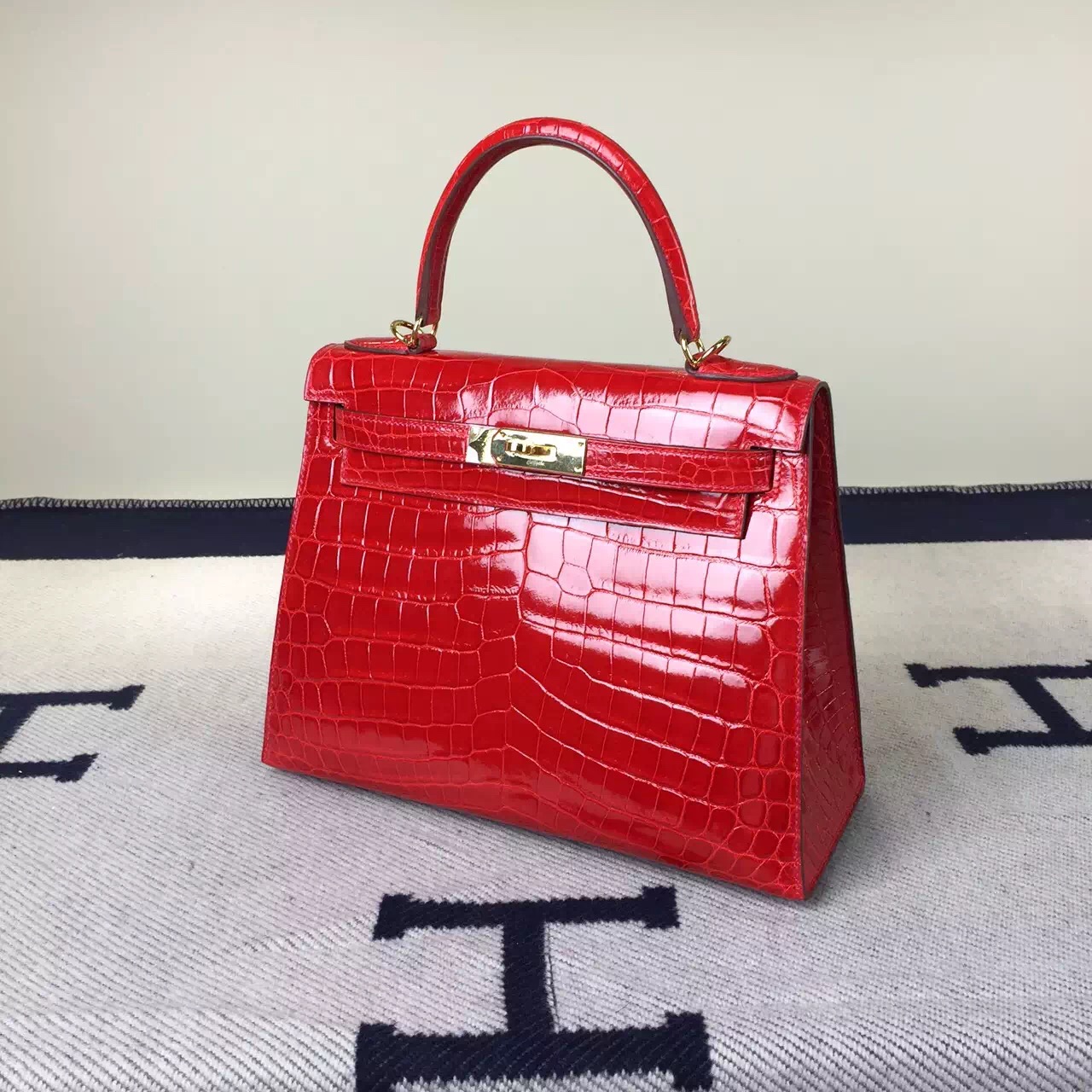 Fashion Hermes Ferrari Red Crocodile Shiny Leather Sellier Kelly Bag28CM