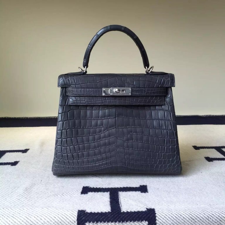 Hand Stitching Hermes 8F Etain Grey Crocodile Matt Leather Kelly Bag 28cm