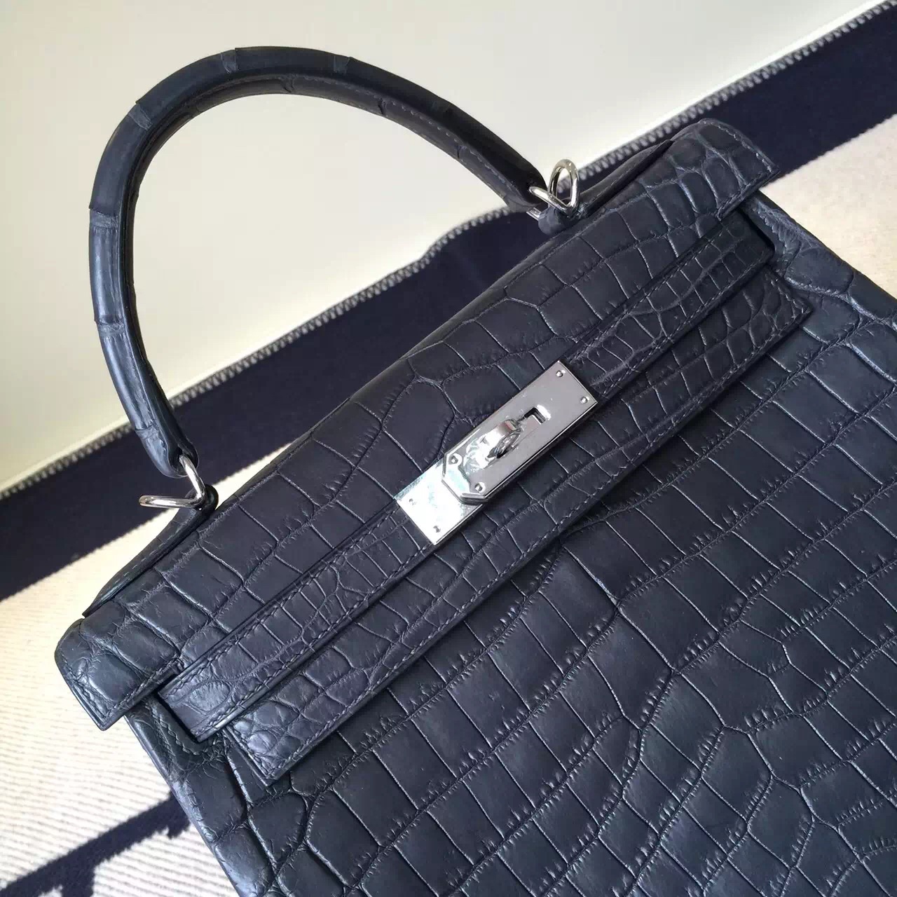 Hand Stitching Hermes 8F Etain Grey Crocodile Matt Leather Kelly Bag28cm