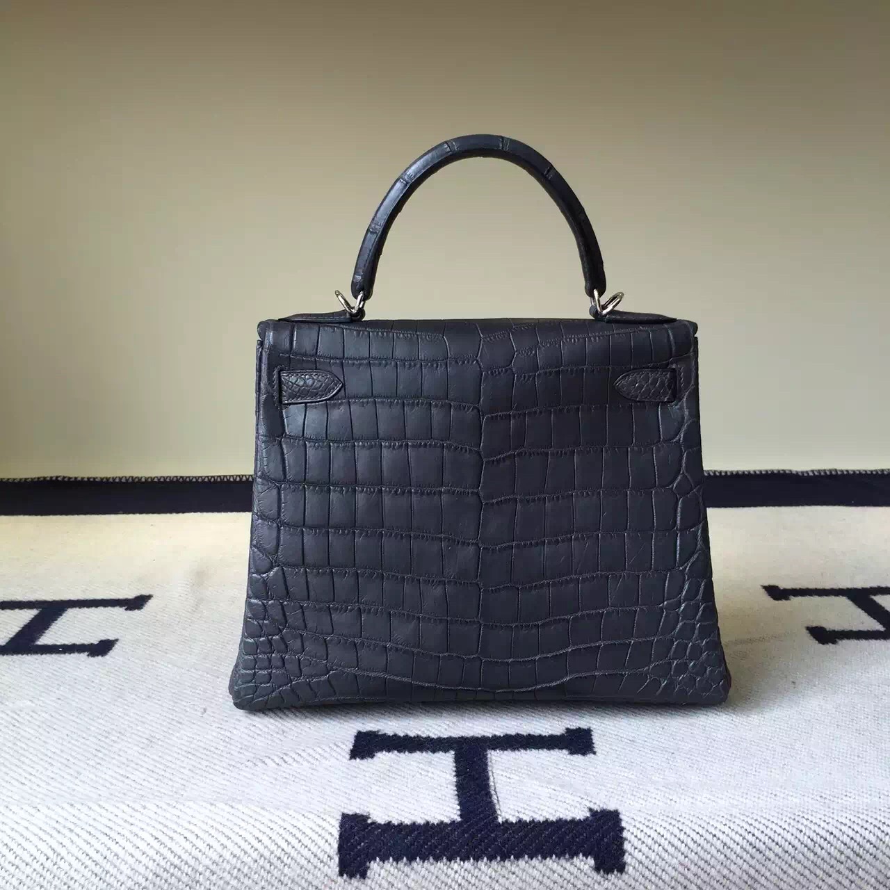Hand Stitching Hermes 8F Etain Grey Crocodile Matt Leather Kelly Bag28cm