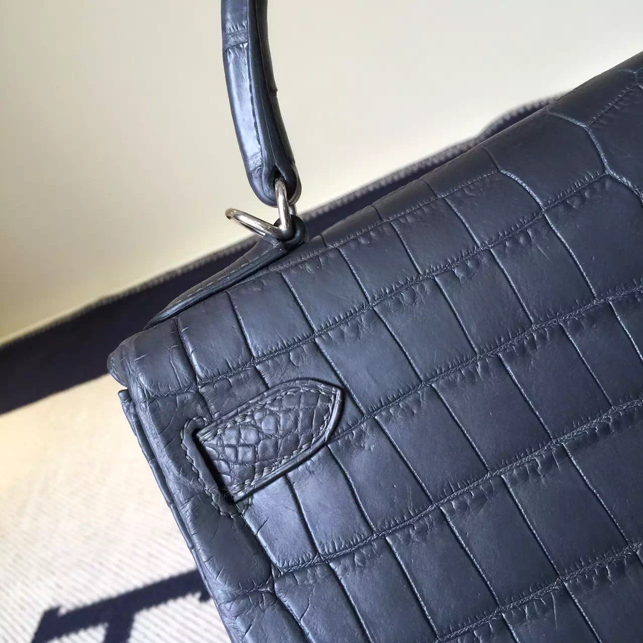 Hand Stitching Hermes 8F Etain Grey Crocodile Matt Leather Kelly Bag28cm