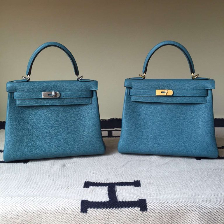 Hermes Togo Calfskin Leather Kelly Bag 28CM in Blue Jean
