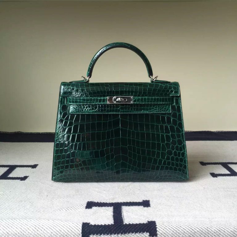 Hand Stitching Hermes Crocodile Leather Kelly Bag 32cm in CK67 Vert Fonce