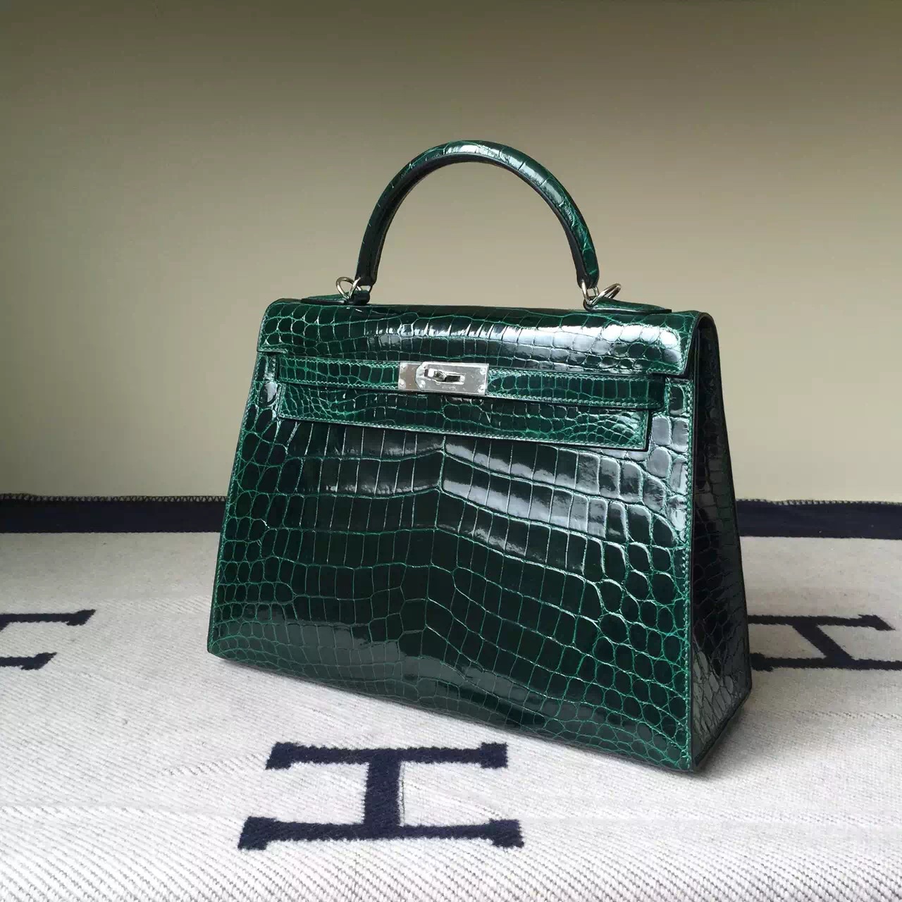 Hand Stitching Hermes Crocodile Leather Kelly Bag32cm in CK67 Vert Fonce