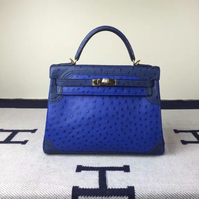 Hermes Ghillies Kelly 32CM Bag in 7T Blue Electric Ostrich Leather