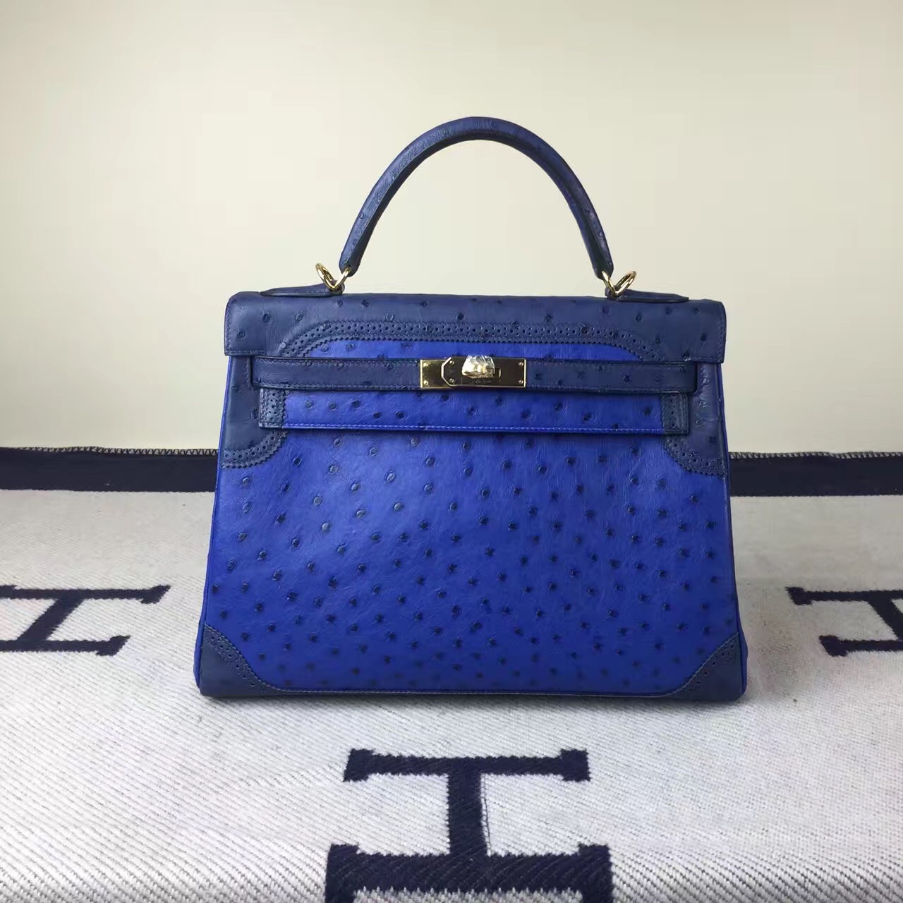 New Fashion Hermes Ghillies Kelly32CM Bag in 7T Blue Electric Ostrich Leather