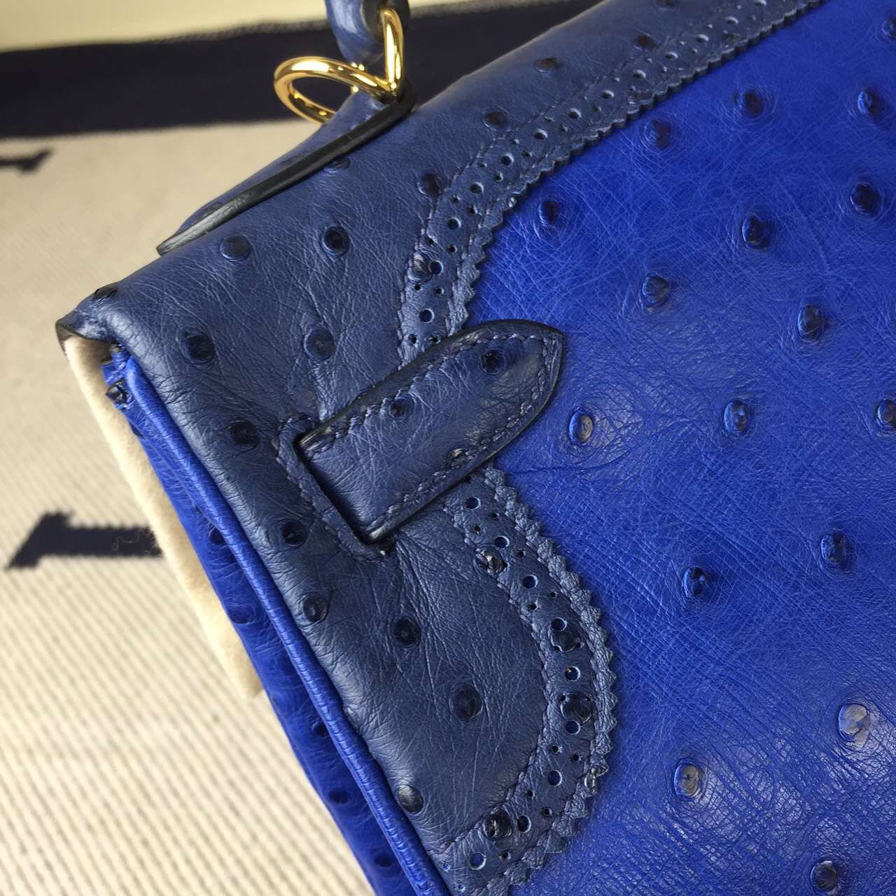 New Fashion Hermes Ghillies Kelly32CM Bag in 7T Blue Electric Ostrich Leather