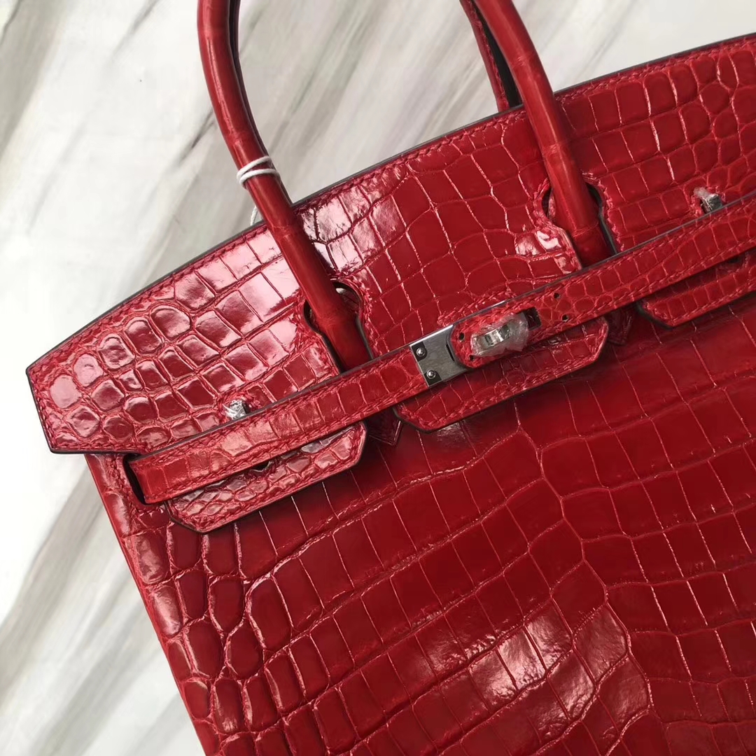 Stock Luxury Hermes Shiny Crocodile Birkin Bag25CM in CK95 Braise Silver Hardware