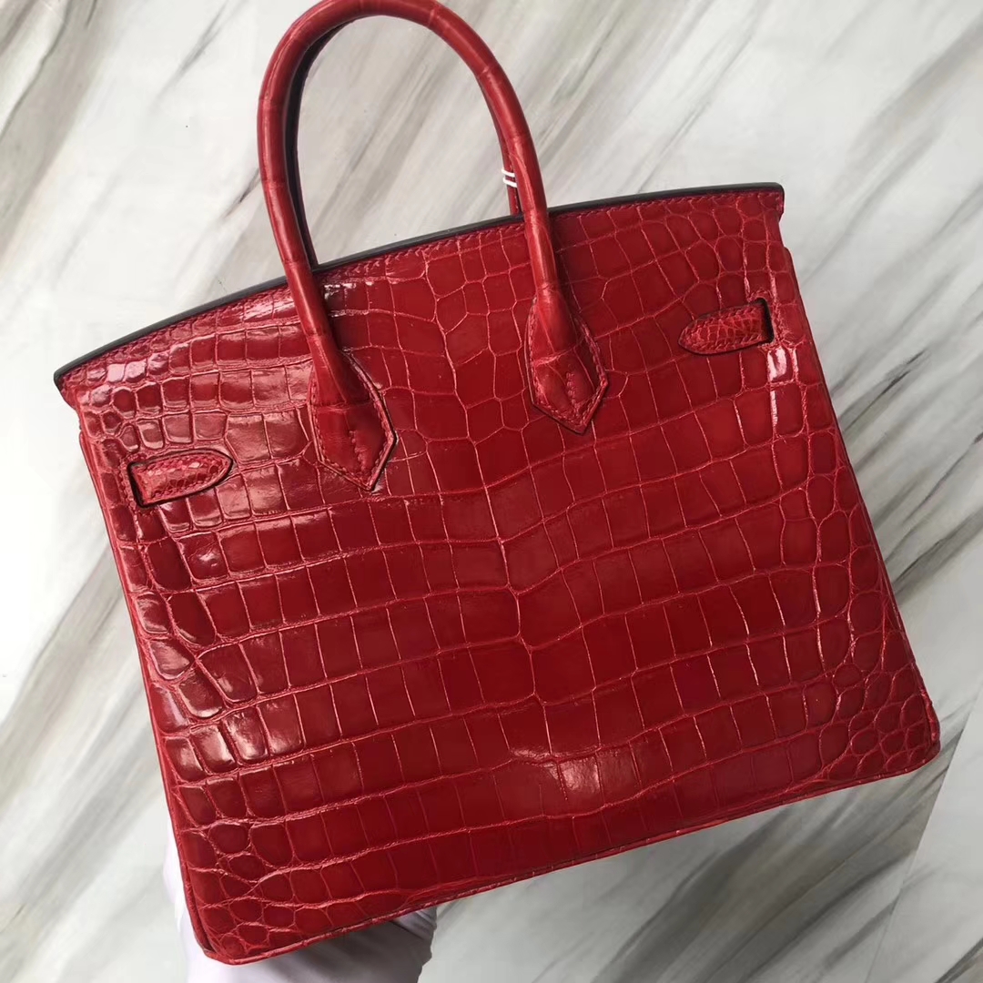 Stock Luxury Hermes Shiny Crocodile Birkin Bag25CM in CK95 Braise Silver Hardware