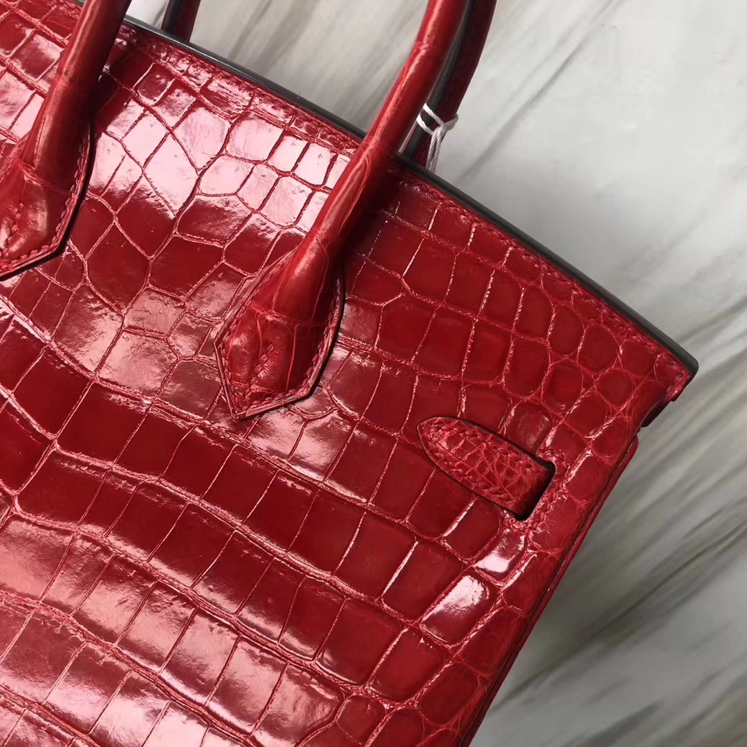 Stock Luxury Hermes Shiny Crocodile Birkin Bag25CM in CK95 Braise Silver Hardware