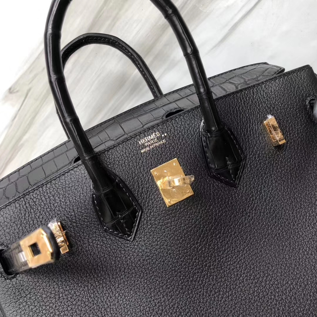 Stock Hermes CK89 Noir Matt Crocodile/Togo Calf Birkin25CM Gold Hardware