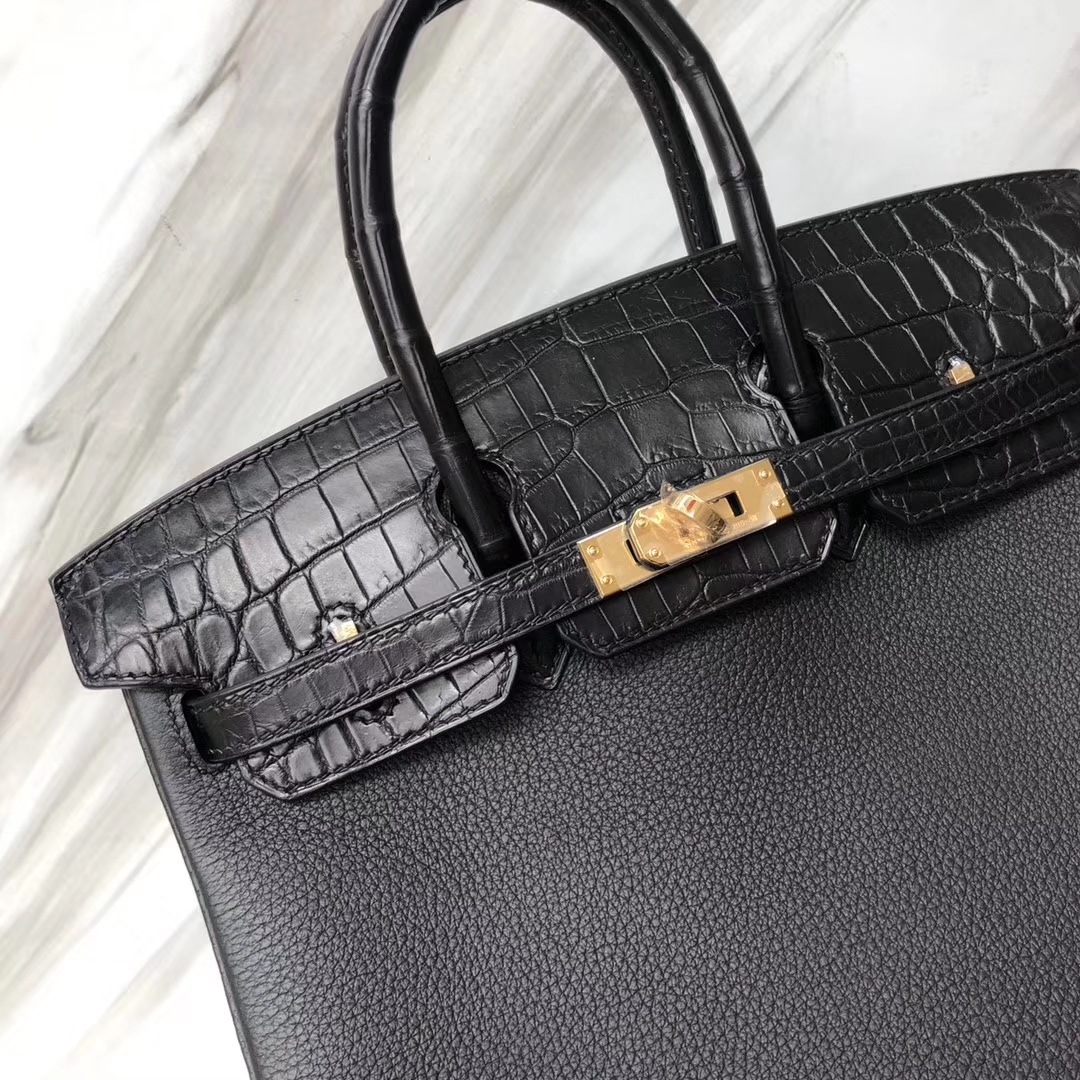 Stock Hermes CK89 Noir Matt Crocodile/Togo Calf Birkin25CM Gold Hardware