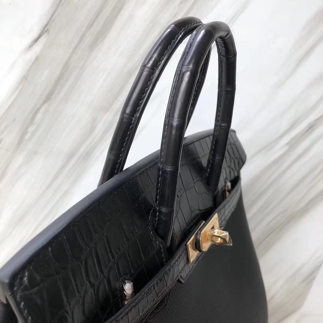 Stock Hermes CK89 Noir Matt Crocodile/Togo Calf Birkin25CM Gold Hardware