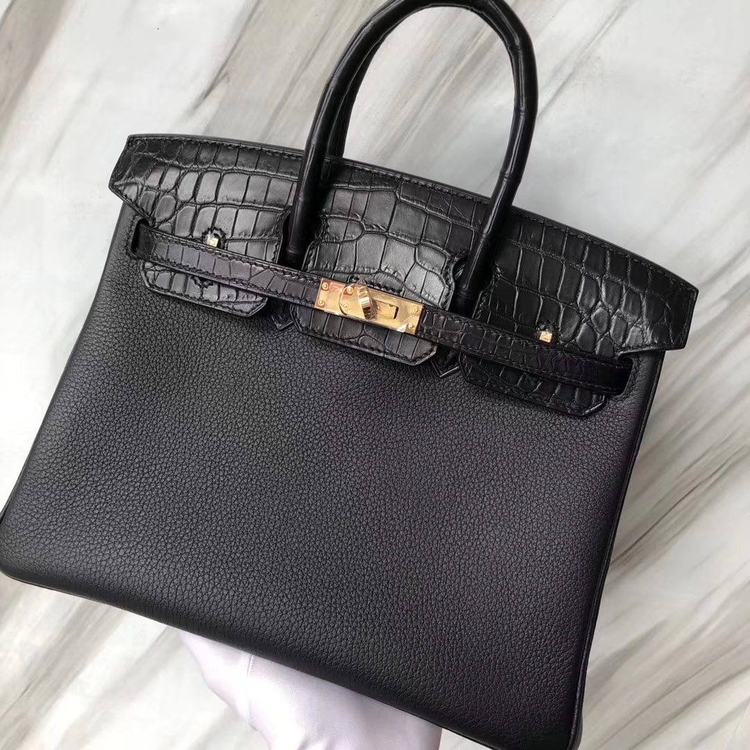 Stock Hermes CK89 Noir Matt Crocodile/Togo Calf Birkin25CM Gold Hardware