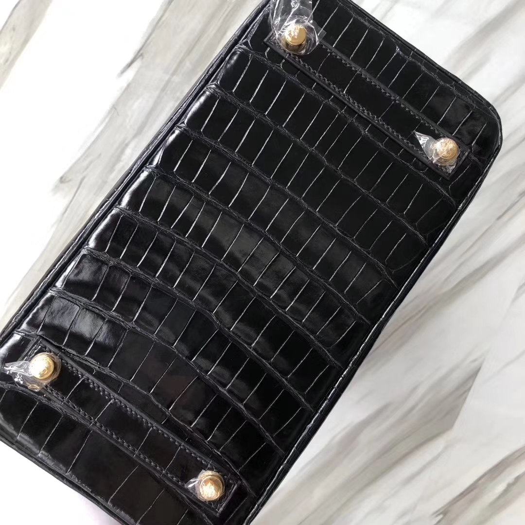 Stock Hermes CK89 Noir Alligator Shiny Crocodile Birkin25CM Bag Gold Hardware