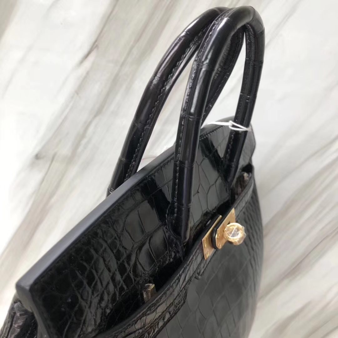 Stock Hermes CK89 Noir Alligator Shiny Crocodile Birkin25CM Bag Gold Hardware