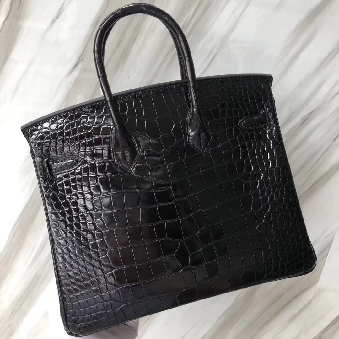 Stock Hermes CK89 Noir Alligator Shiny Crocodile Birkin25CM Bag Gold Hardware